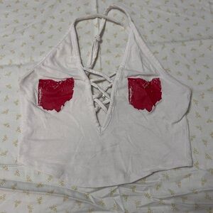 OHIO WHITE AND RED GAMEDAY FOOTBALL LACE UP CROP TOP